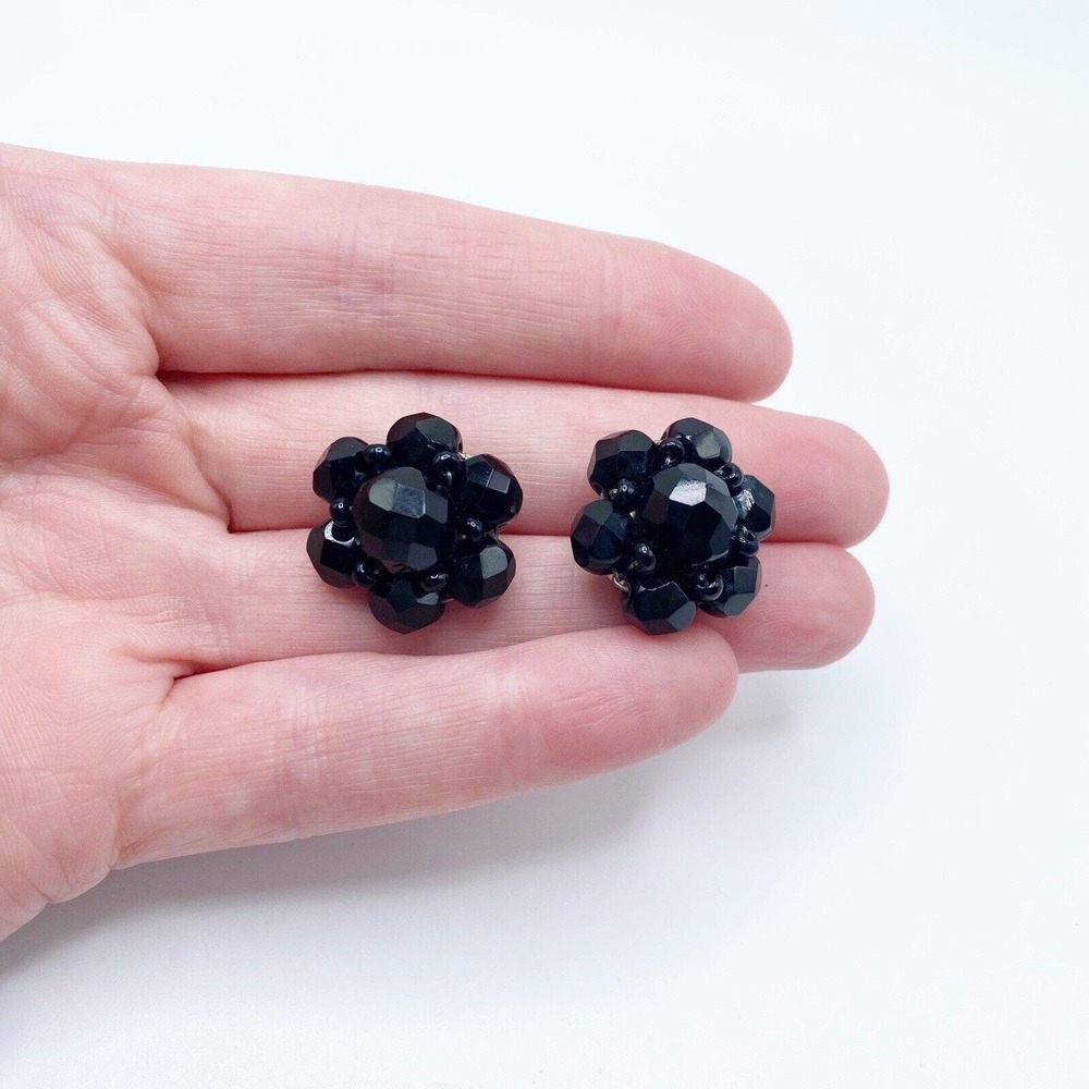 Vintage Austria Black Faceted Glass Triple Strand Necklace Pierced Earrings Set - Picture 10 of 14